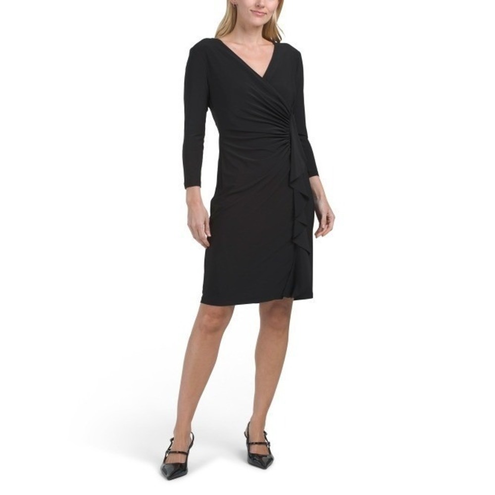 NEW Black Label by Evan Picone Faux Wrap Mini Dress Ruched Sheath Dress Womens 2